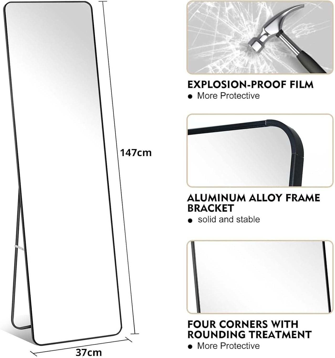 Full Length Mirror 147x37cm – Rectangle Standing & Wall Mounted Dressing Mirror