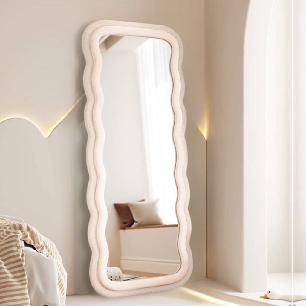 Decorhills Double Wavy Full Length Mirror – Modern Velvet Fabric Wrapped Irregular Standing & Wall-Mounted Mirror