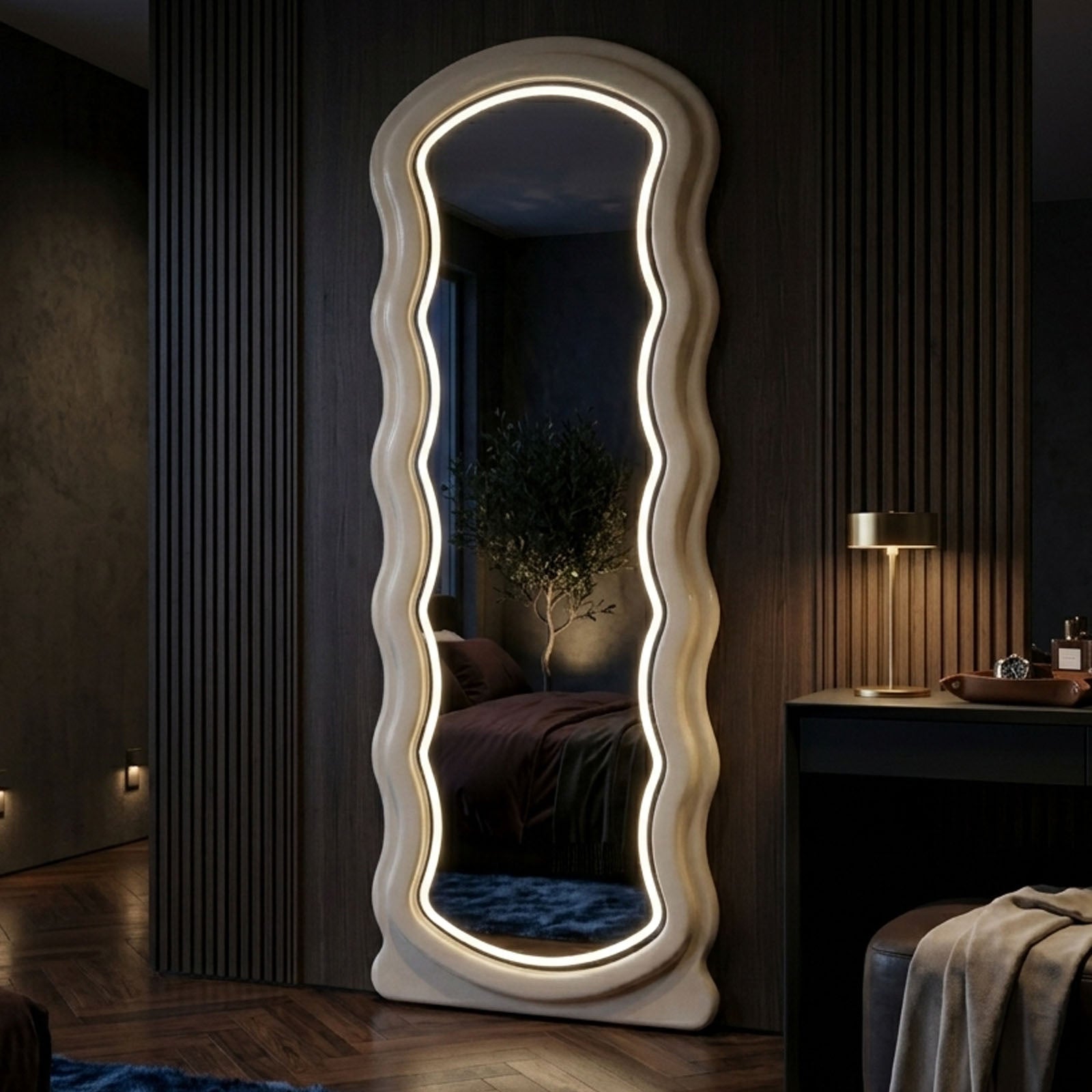 Decorhills Arched Wavy LED Full Length Mirror – Velvet Flannel Frame | Standing & Wall Mounted