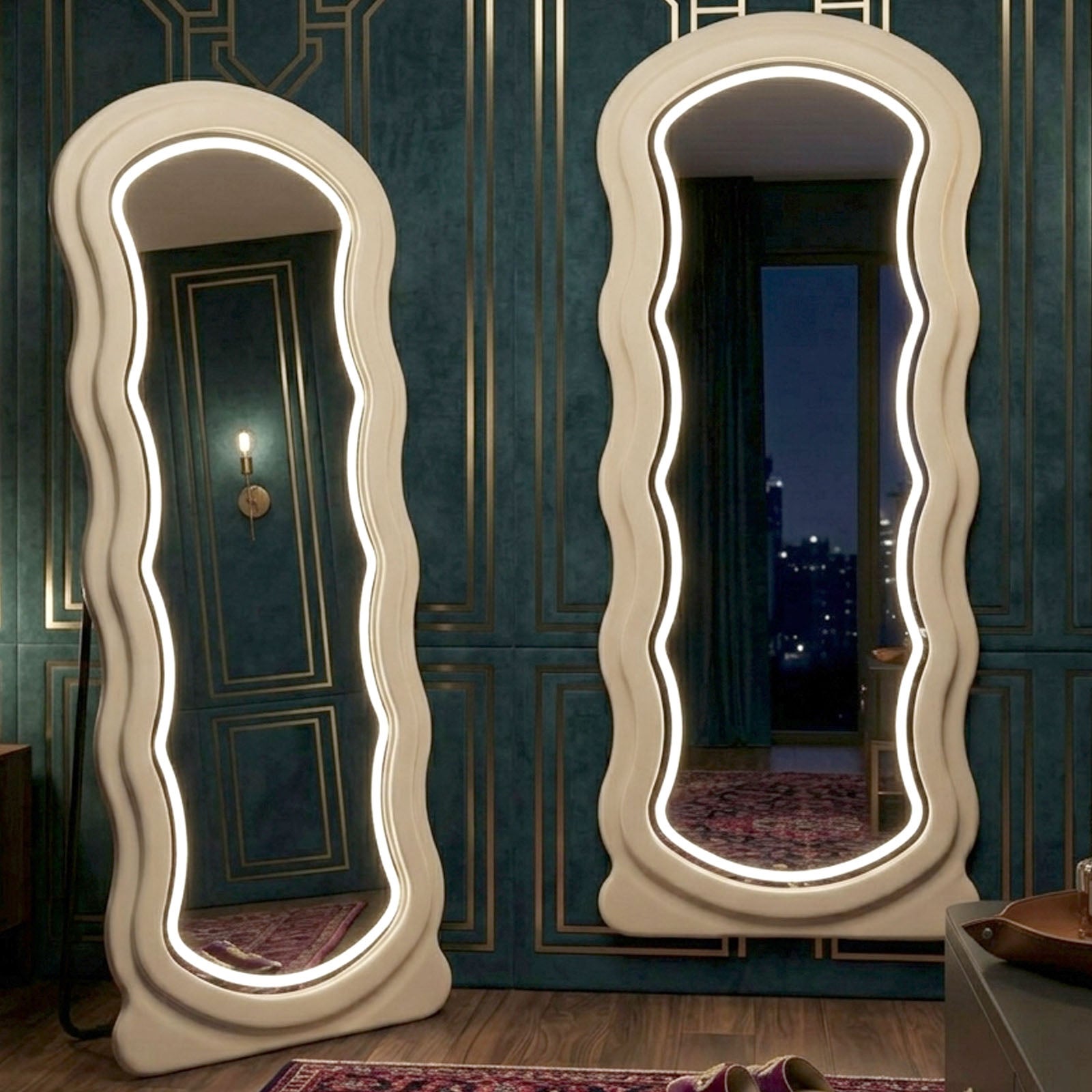 Decorhills Arched Wavy LED Full Length Mirror – Velvet Flannel Frame | Standing & Wall Mounted