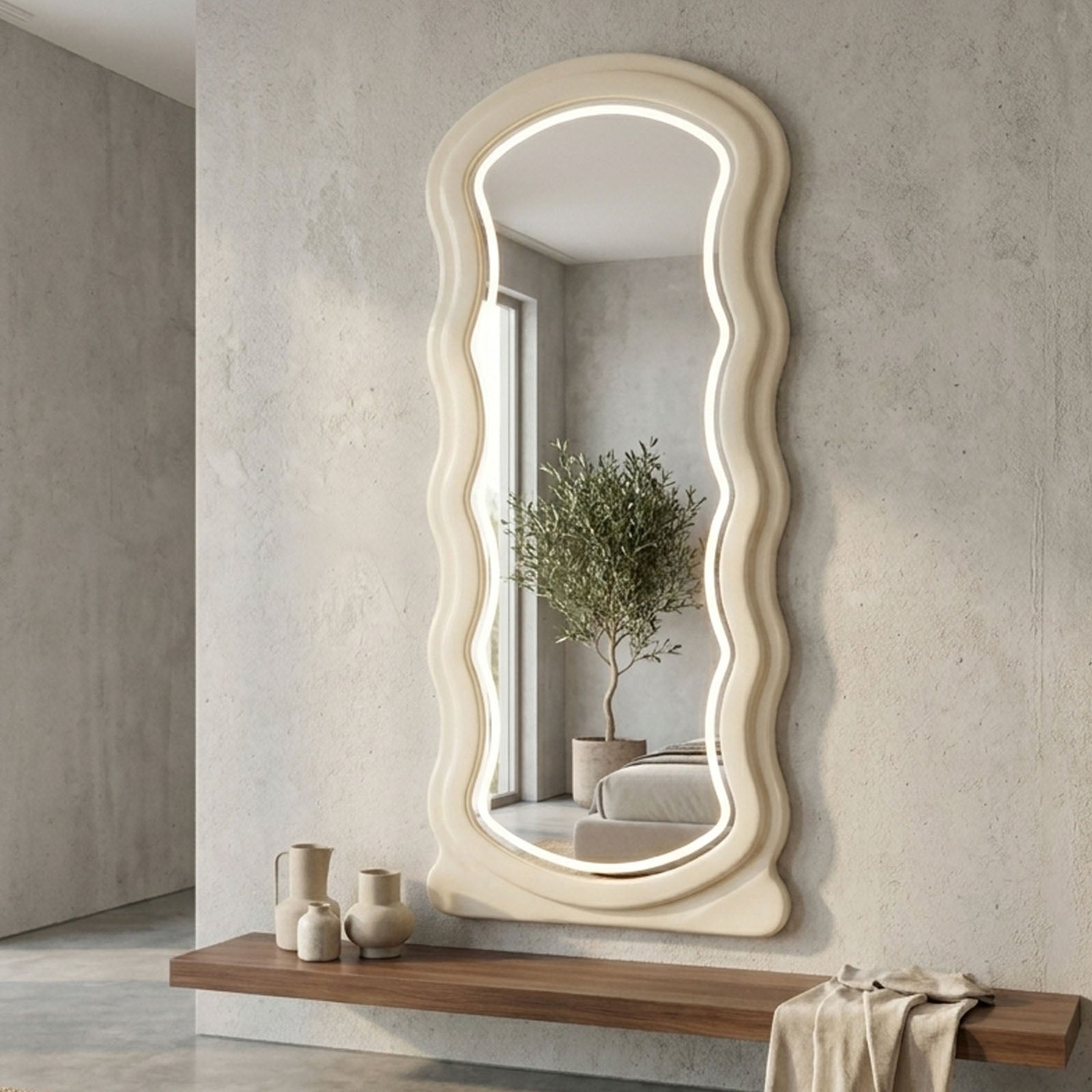 Decorhills Arched Wavy LED Full Length Mirror – Velvet Flannel Frame | Standing & Wall Mounted