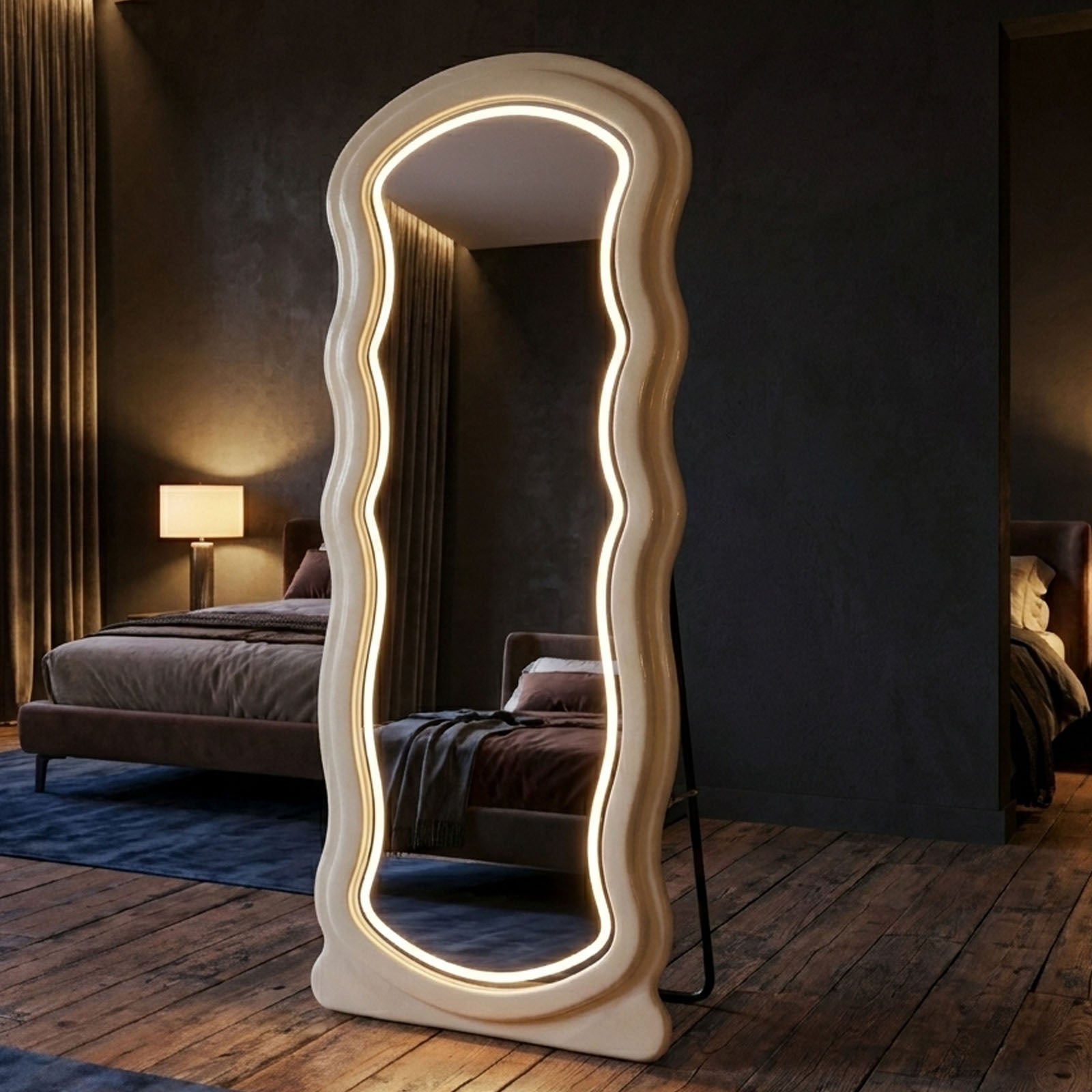 Decorhills Arched Wavy LED Full Length Mirror – Velvet Flannel Frame | Standing & Wall Mounted