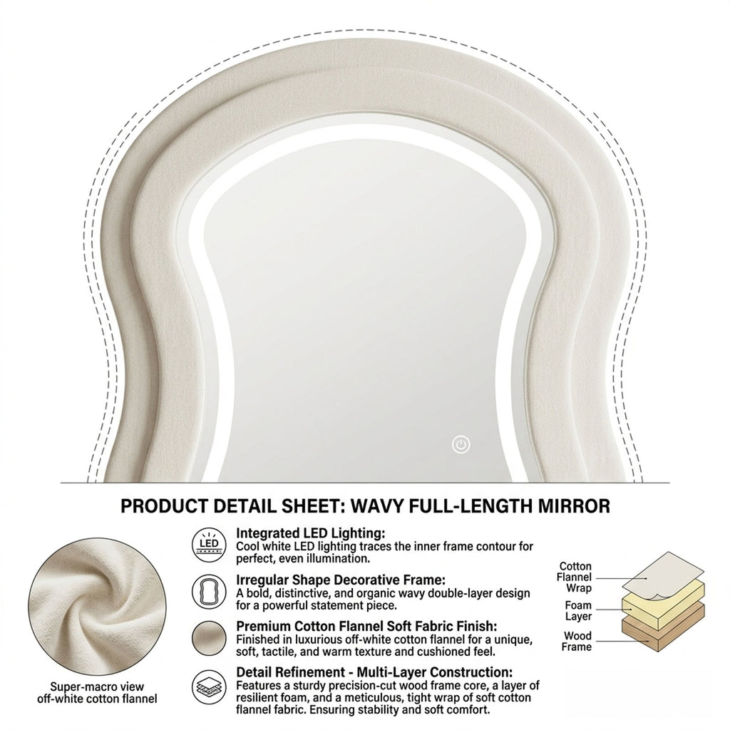 Decorhills Arched Wavy LED Full Length Mirror – Velvet Flannel Frame | Standing & Wall Mounted