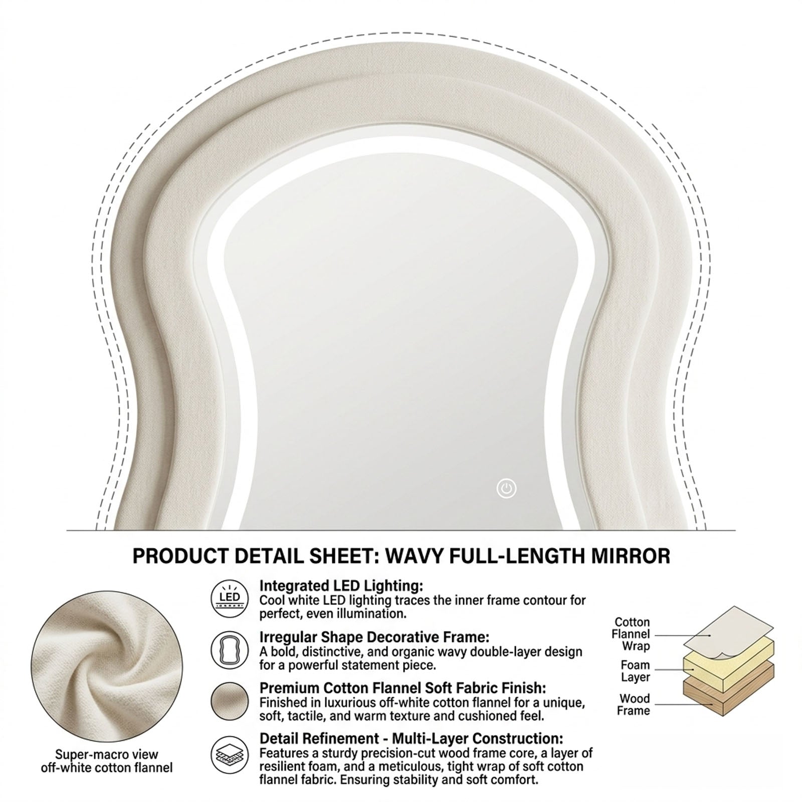 Decorhills Arched Wavy LED Full Length Mirror – Velvet Flannel Frame | Standing & Wall Mounted