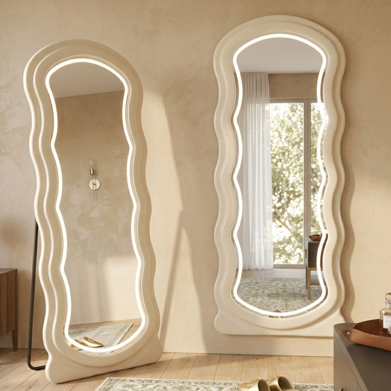 Decorhills Arched Wavy LED Full Length Mirror – Velvet Flannel Frame | Standing & Wall Mounted