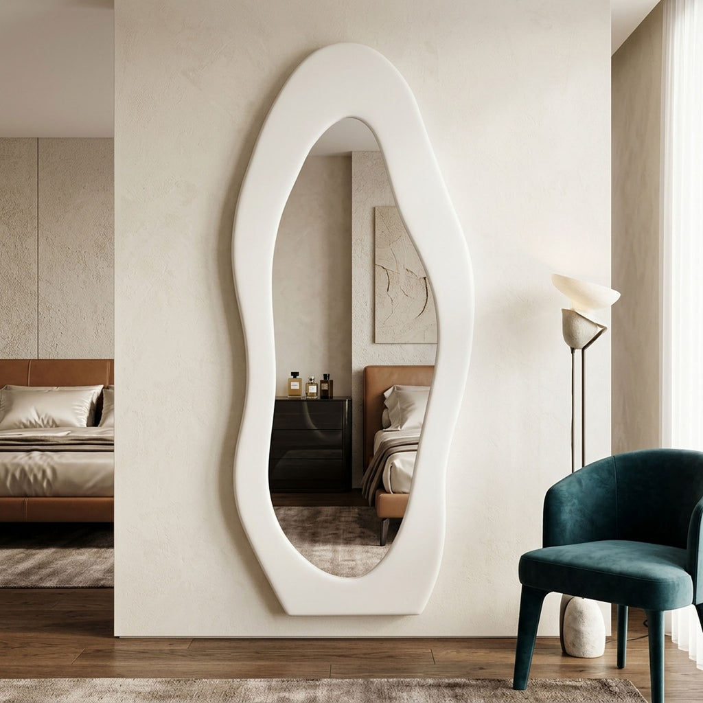 DECORHILLS Irregular Wavy Full Length Mirror – Velvet Fabric Flannel Frame | Standing & Wall Mounted