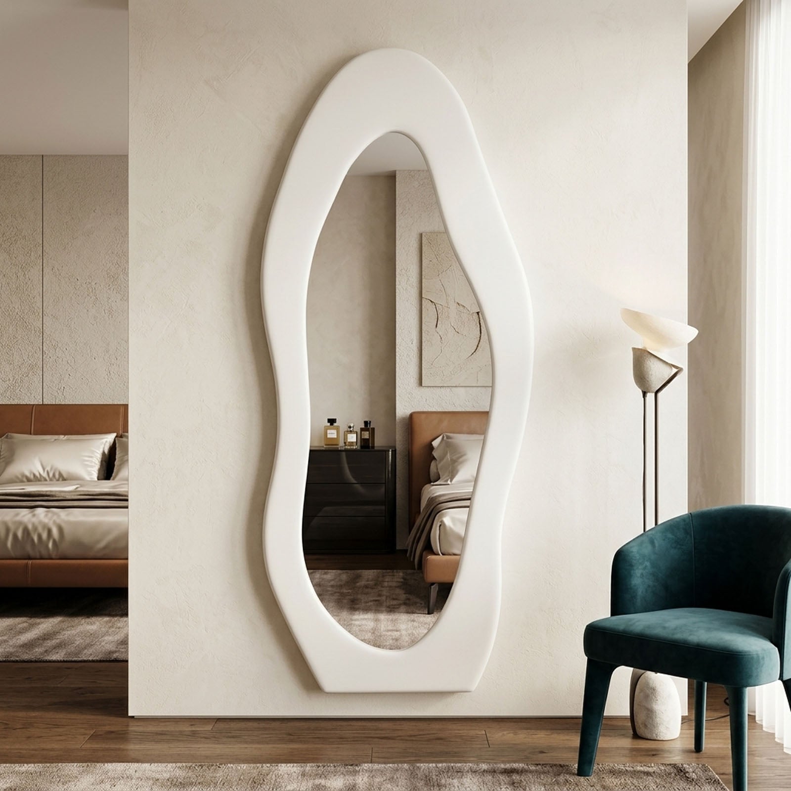 DECORHILLS Irregular Wavy Full Length Mirror – Velvet Fabric Flannel Frame | Standing & Wall Mounted