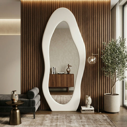 DECORHILLS Irregular Wavy Full Length Mirror – Velvet Fabric Flannel Frame | Standing & Wall Mounted