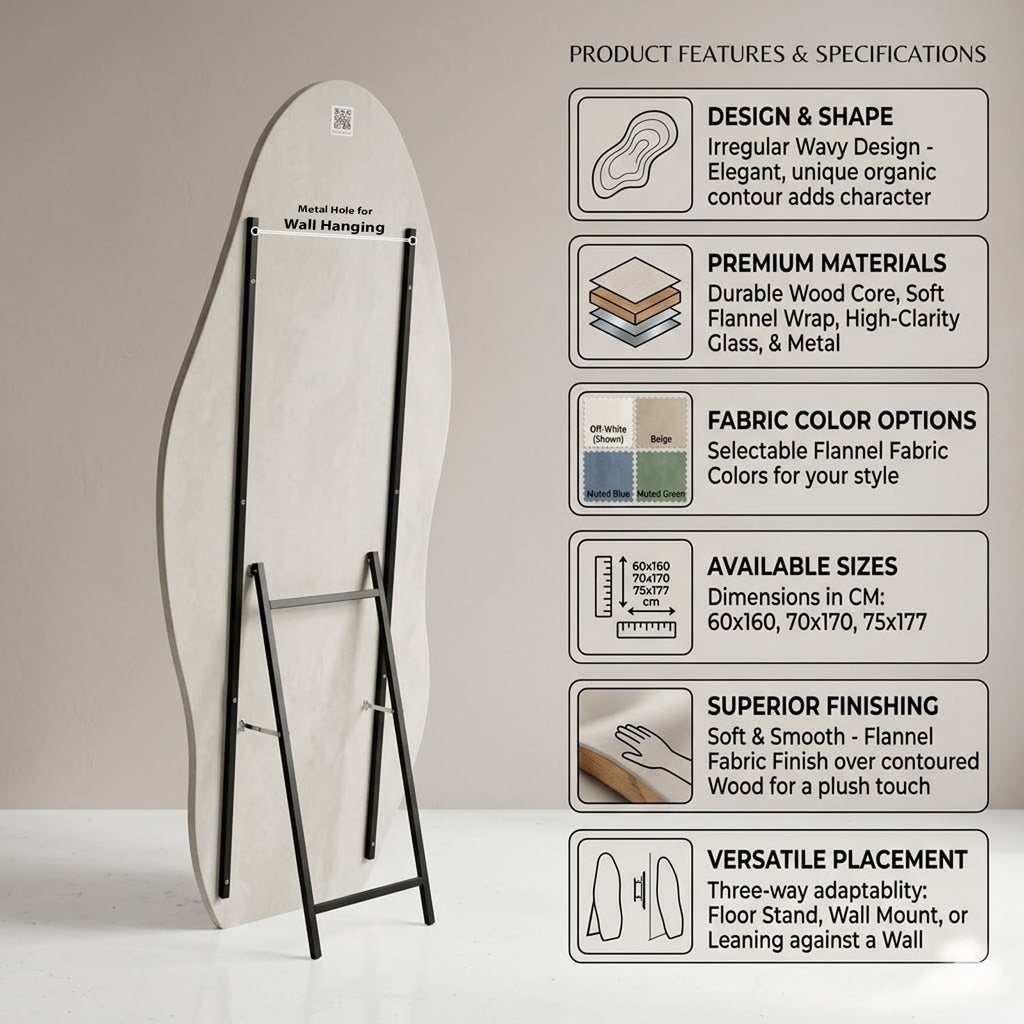 DECORHILLS Irregular Wavy Full Length Mirror – Velvet Fabric Flannel Frame | Standing & Wall Mounted