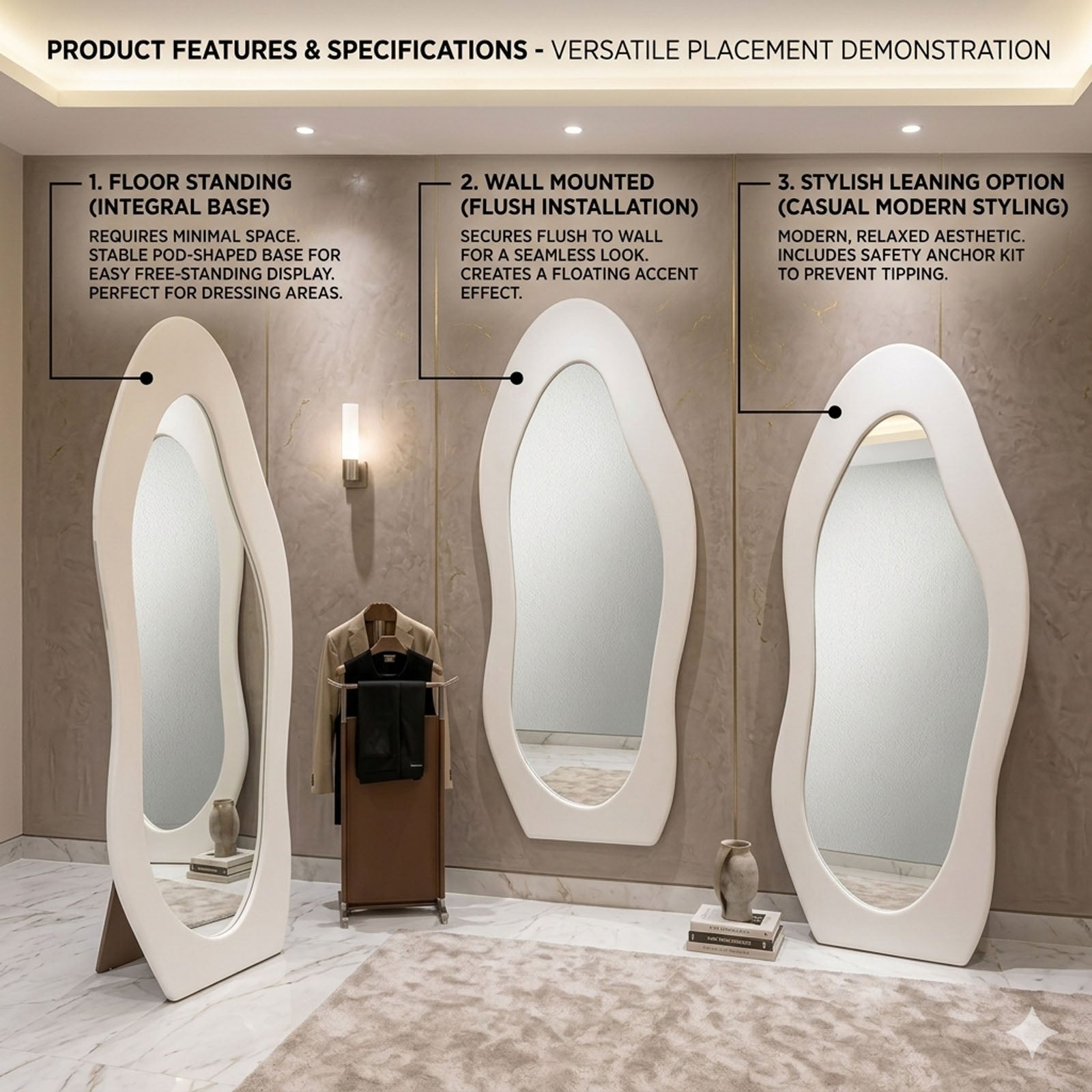 DECORHILLS Irregular Wavy Full Length Mirror – Velvet Fabric Flannel Frame | Standing & Wall Mounted