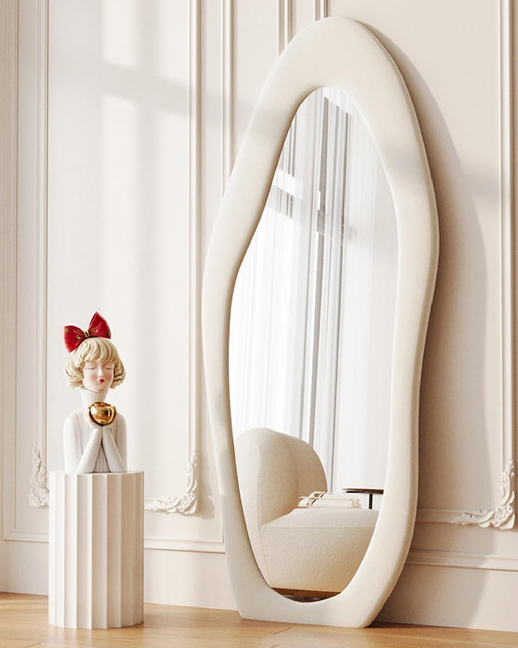 DECORHILLS Irregular Wavy Full Length Mirror – Velvet Fabric Flannel Frame | Standing & Wall Mounted