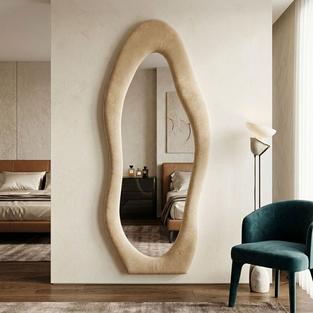 DECORHILLS Irregular Wavy Full Length Mirror – Velvet Fabric Flannel Frame | Standing & Wall Mounted