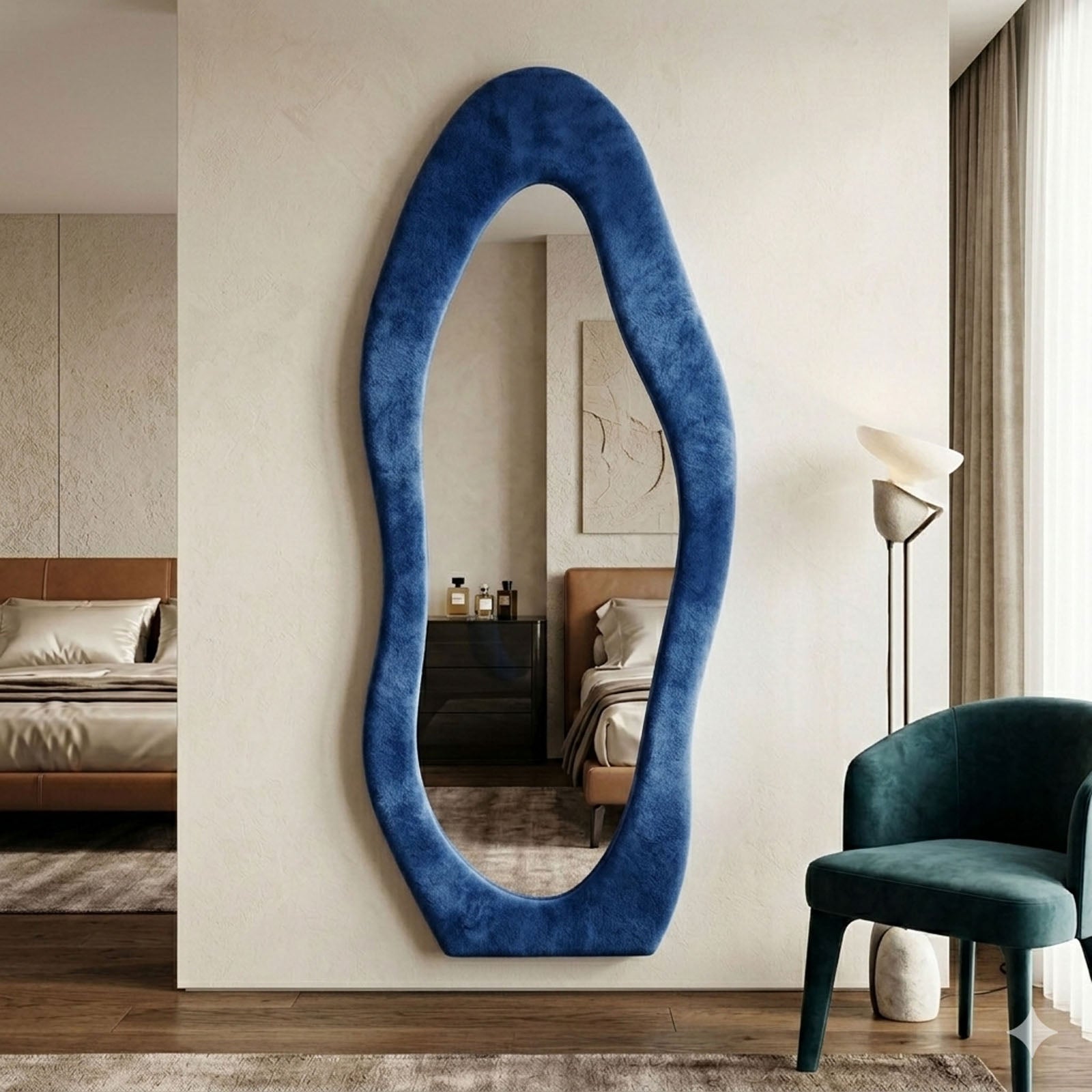 DECORHILLS Irregular Wavy Full Length Mirror – Velvet Fabric Flannel Frame | Standing & Wall Mounted