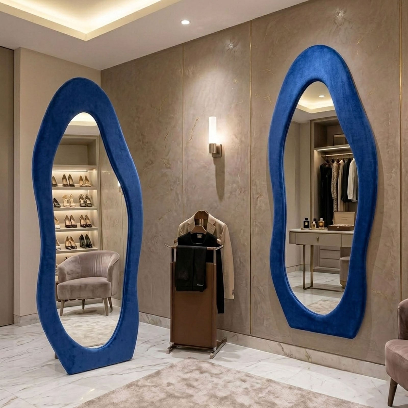 DECORHILLS Irregular Wavy Full Length Mirror – Velvet Fabric Flannel Frame | Standing & Wall Mounted