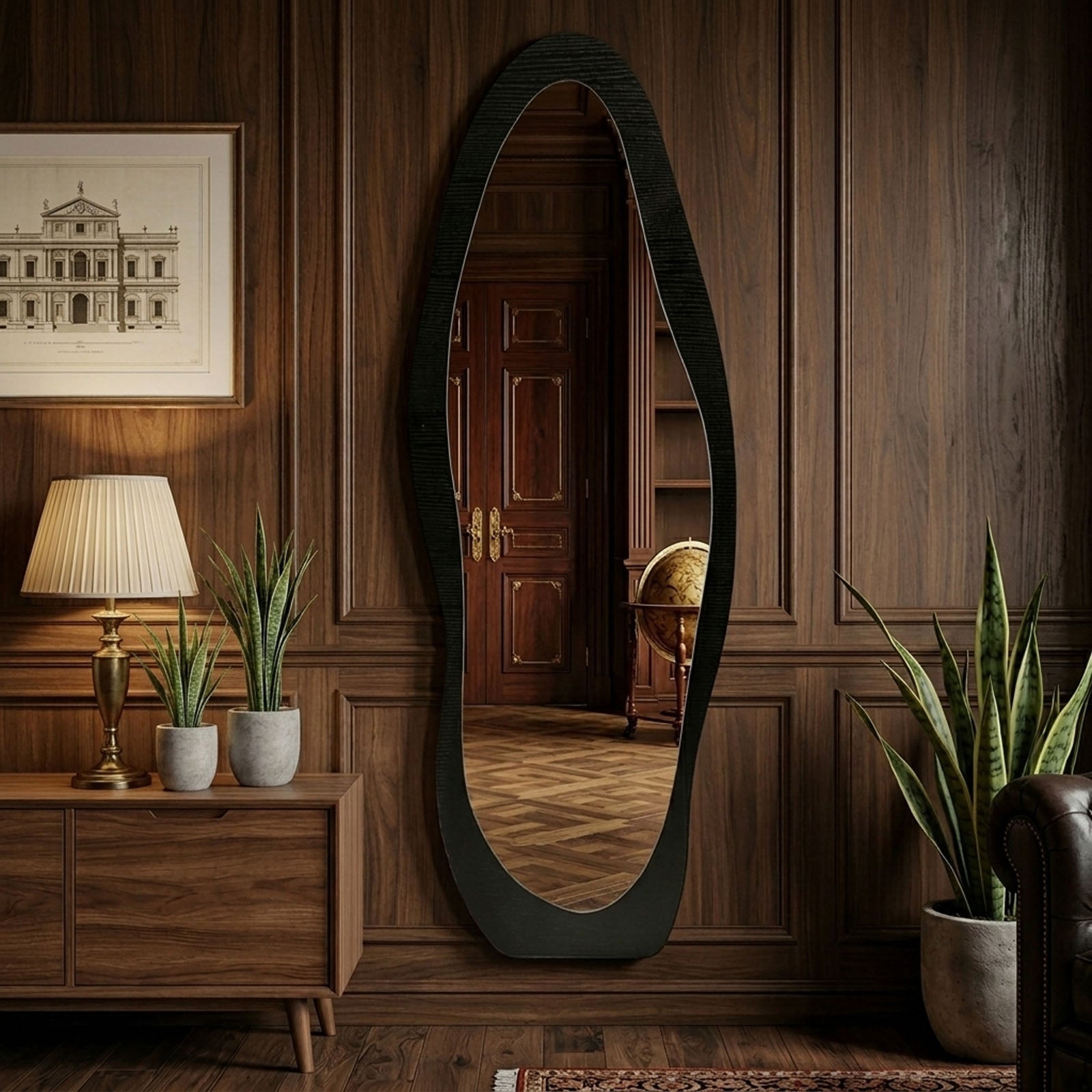 Decorhills Irregular Wave Full Length Mirror – Modern Black Wood Frame Wall-Mounted & Leaning Body Mirror (120x40cm)