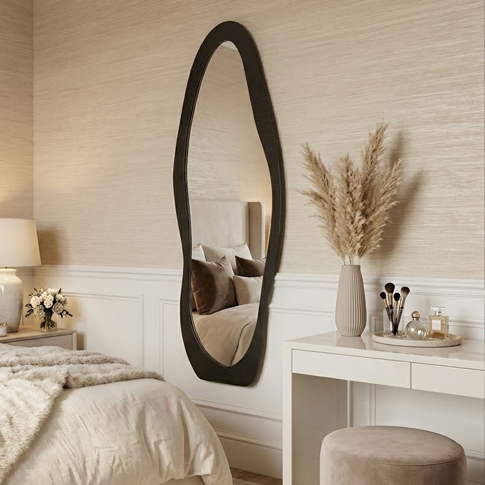 Decorhills Irregular Wave Full Length Mirror – Modern Black Wood Frame Wall-Mounted & Leaning Body Mirror (120x40cm)