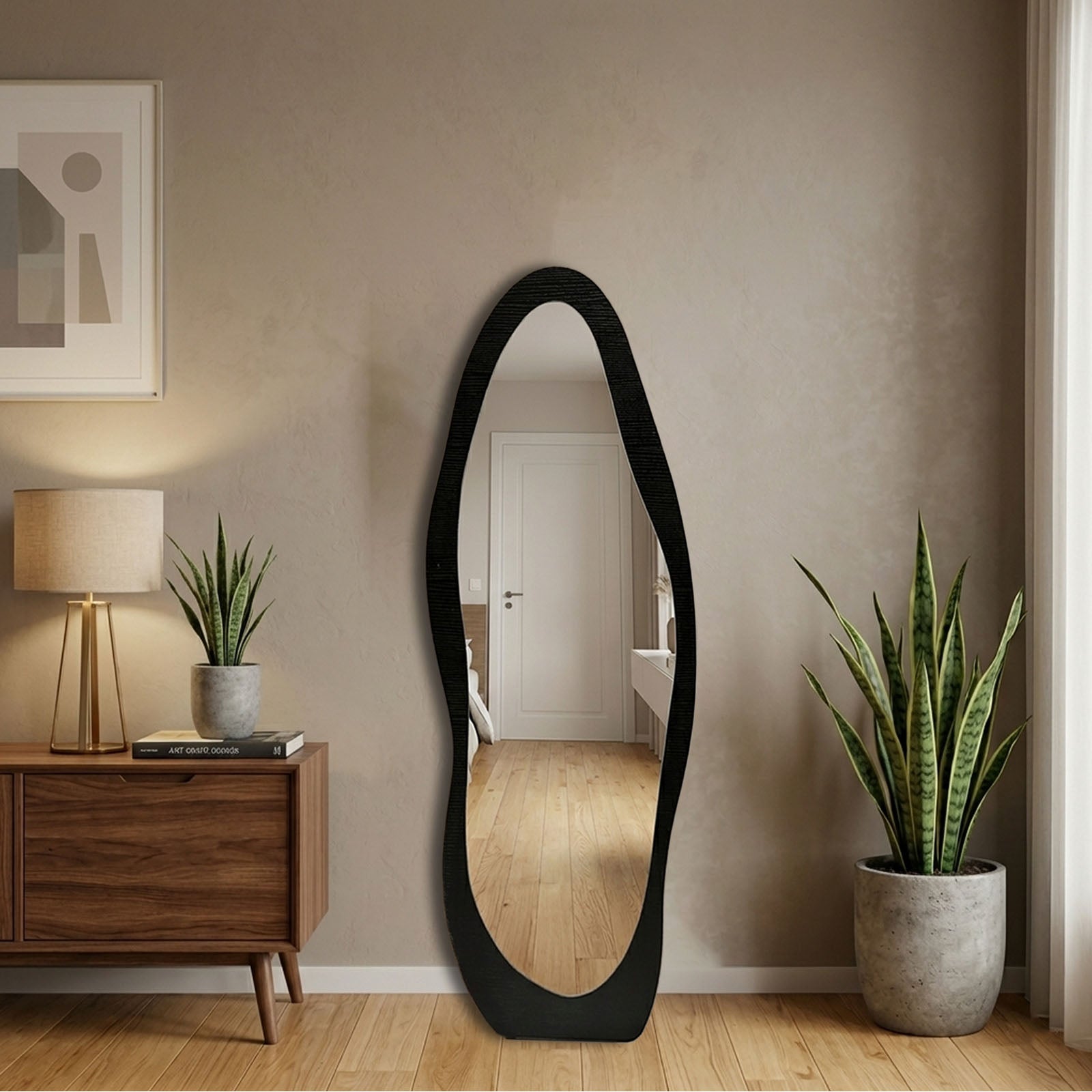 Decorhills Irregular Wave Full Length Mirror – Modern Black Wood Frame Wall-Mounted & Leaning Body Mirror (120x40cm)