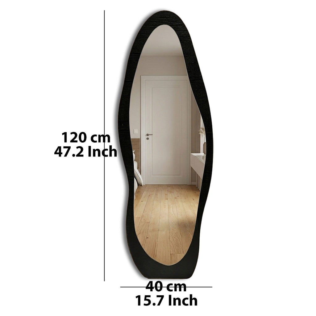 Decorhills Irregular Wave Full Length Mirror – Modern Black Wood Frame Wall-Mounted & Leaning Body Mirror (120x40cm)