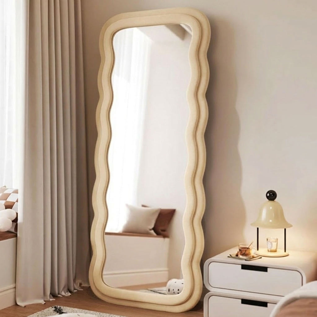 Decorhills Double Wavy Full Length Mirror – Modern Velvet Fabric Wrapped Irregular Standing & Wall-Mounted Mirror