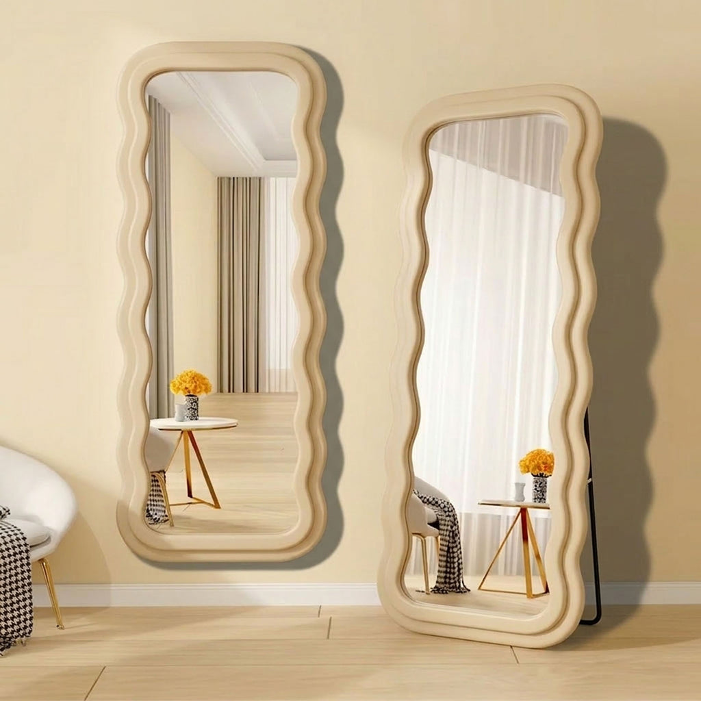 Decorhills Double Wavy Full Length Mirror – Modern Velvet Fabric Wrapped Irregular Standing & Wall-Mounted Mirror