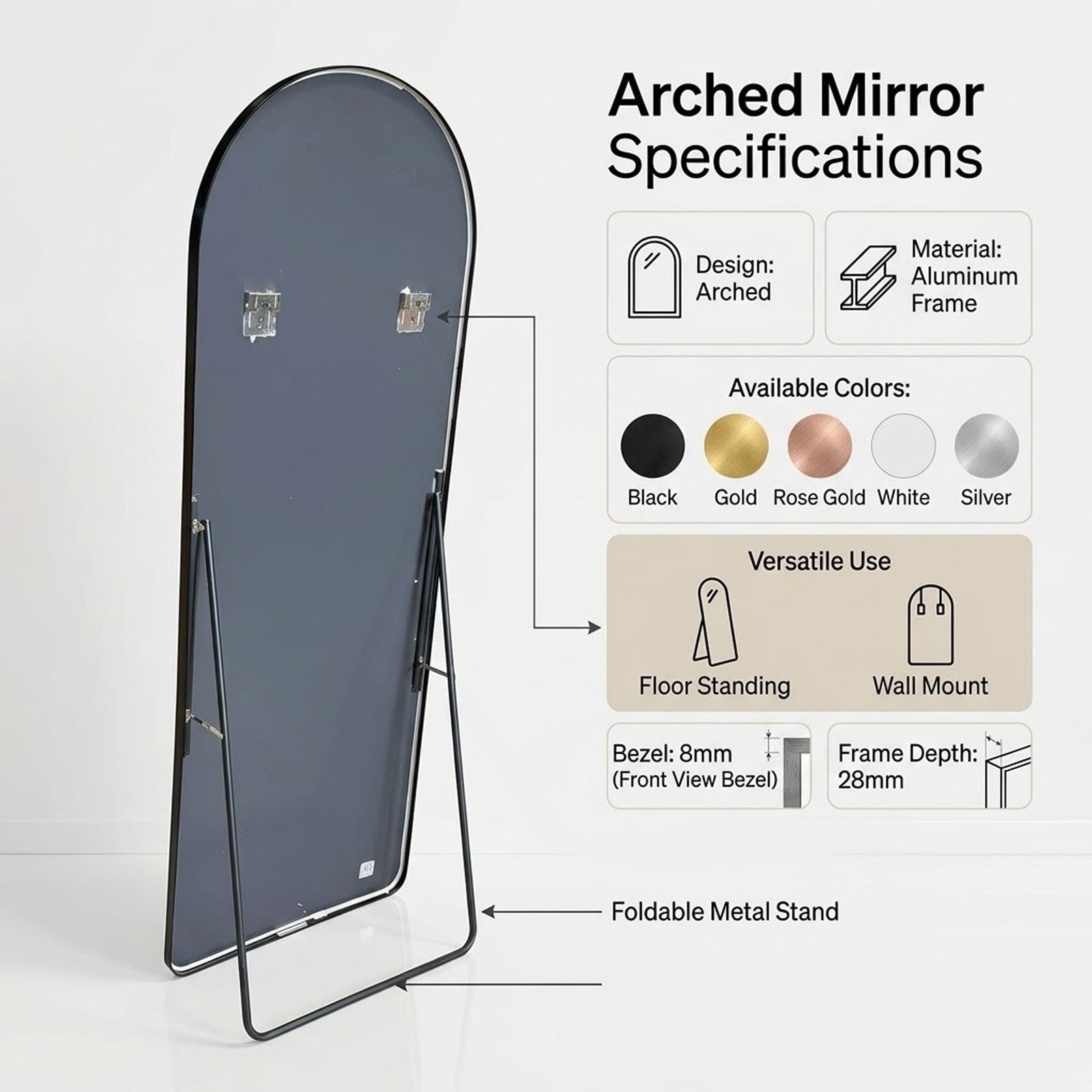 Decorhills Arched Full Length Mirror – Premium Aluminum Alloy Standing & Wall-Mounted Mirror for Bedroom (180x65cm)