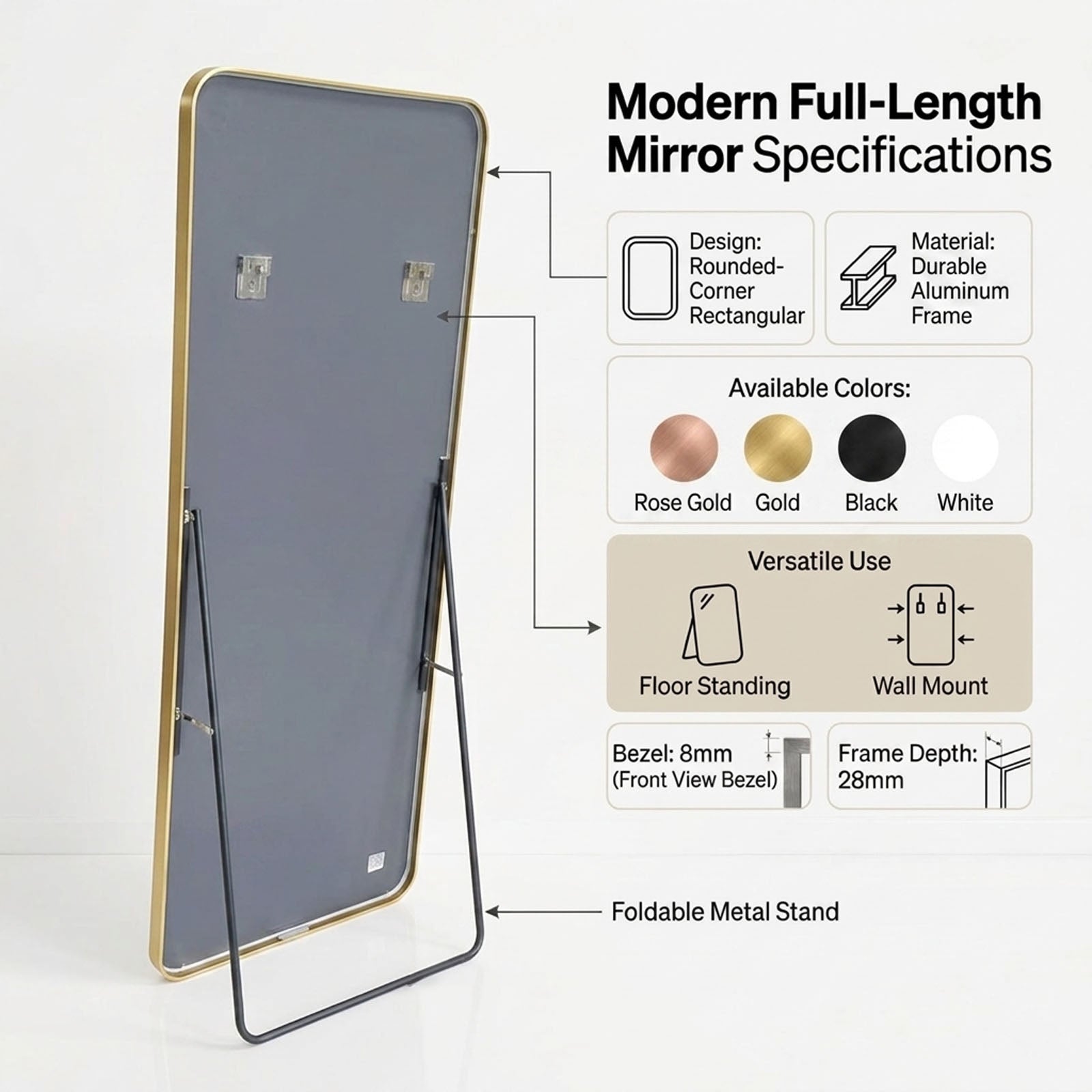 Decorhills Large Full Length Mirror – 180x65cm Premium Aluminum Alloy Brushed Frame Standing & Wall-Mounted Mirror
