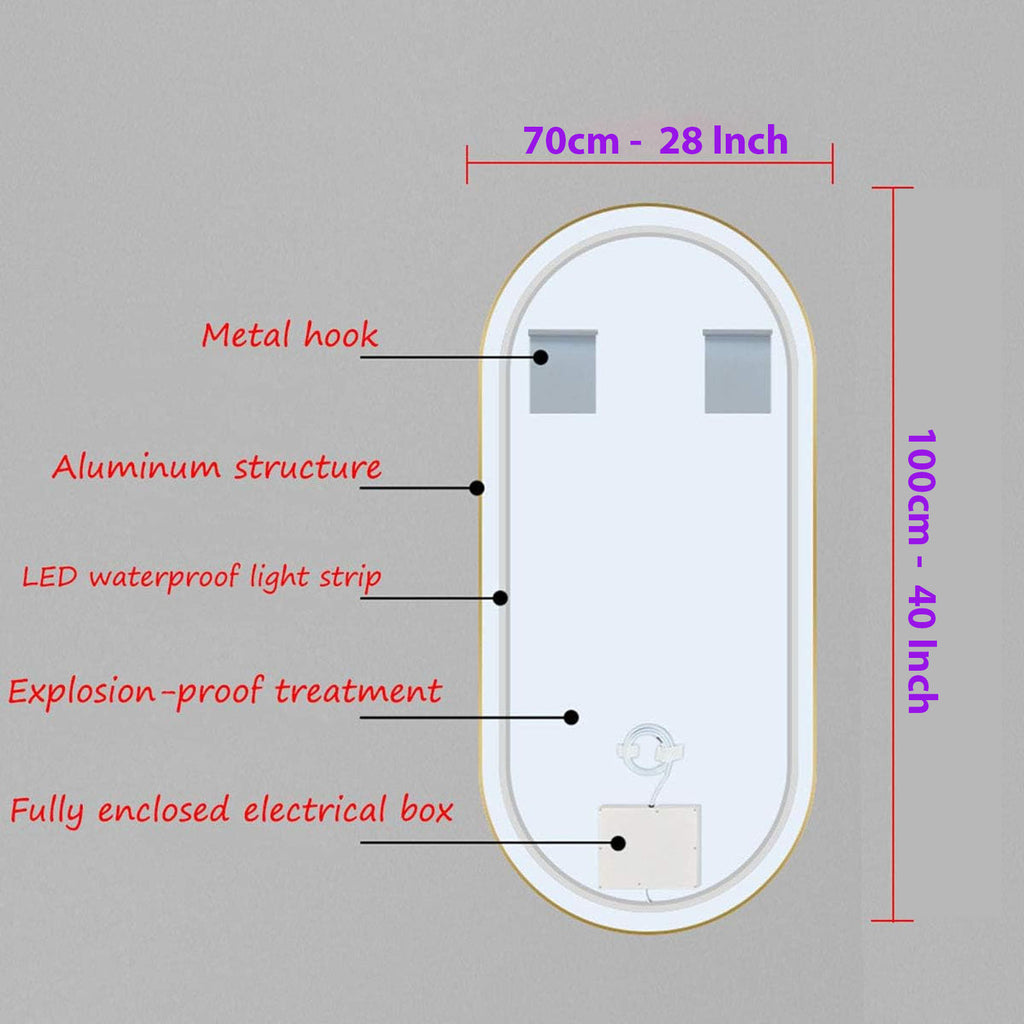 Decorhills LED Oval Wall Mirror 70×100 cm – Triple Color Touch Sensor | Aluminum Frame