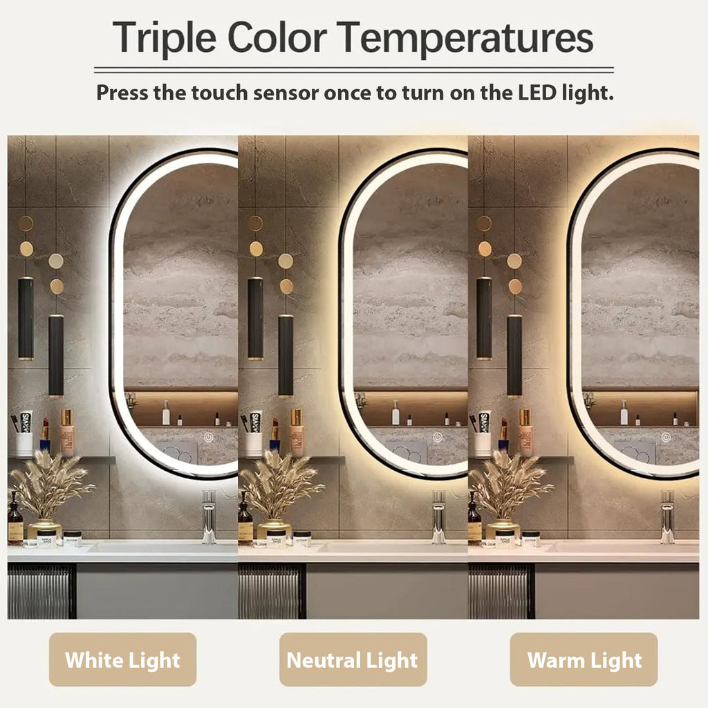 Decorhills LED Oval Wall Mirror 70×100 cm – Triple Color Touch Sensor | Aluminum Frame