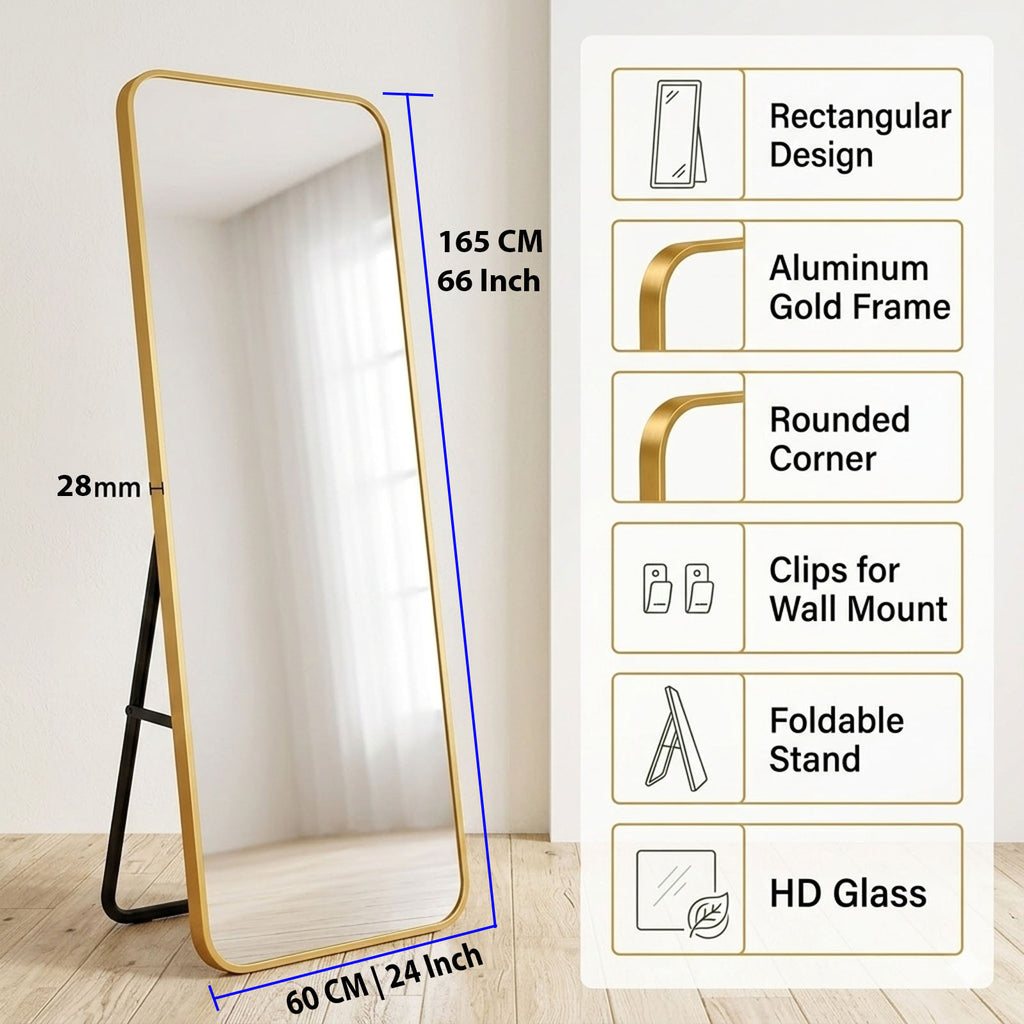 Decorhills Rectangular Full Length Mirror – Gold Aluminum Frame, Rounded Corners, Floor Standing or Wall Mounted