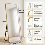 Decorhills Rectangular Full Length Mirror – Gold Aluminum Frame, Rounded Corners, Floor Standing or Wall Mounted