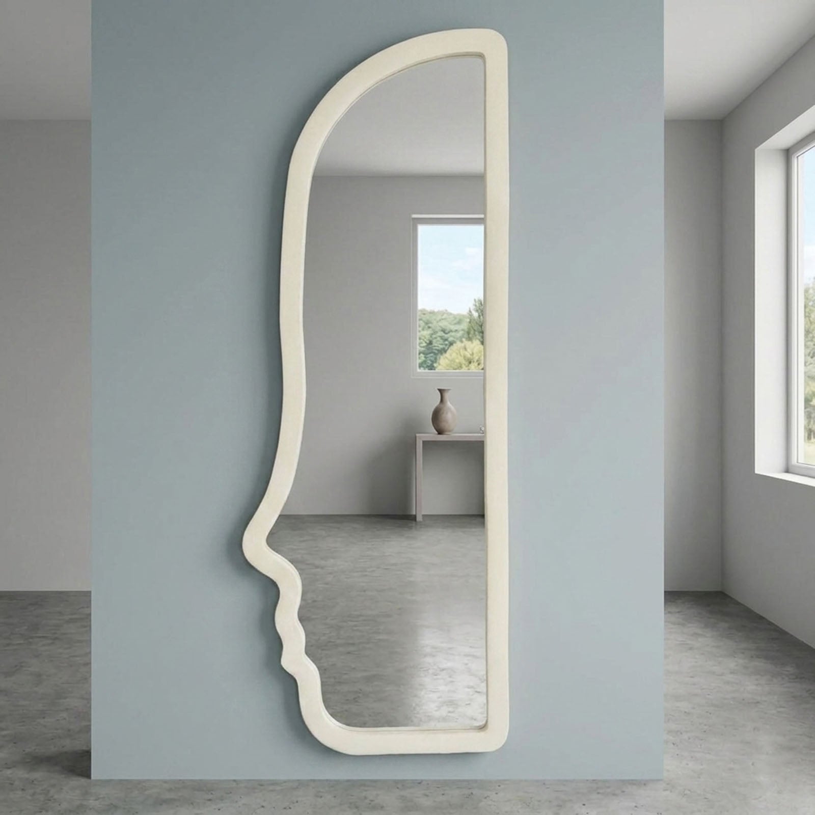 Decorhills Face Shaped Full Length Mirror – Modern Cream Flannel Fabric Wrapped Frame Standing & Wall-Mounted Mirror (160x60cm)