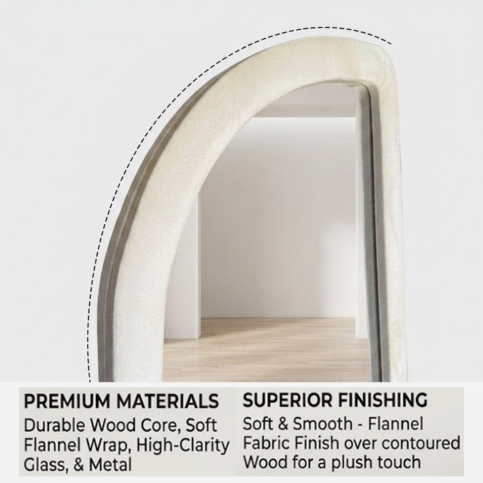 Decorhills Face Shaped Full Length Mirror – Modern Cream Flannel Fabric Wrapped Frame Standing & Wall-Mounted Mirror (160x60cm)