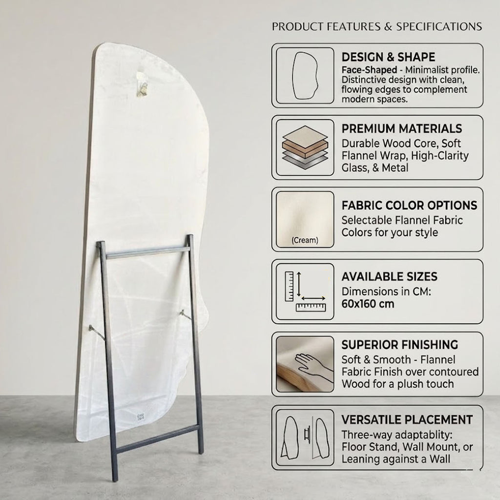 Decorhills Face Shaped Full Length Mirror – Modern Cream Flannel Fabric Wrapped Frame Standing & Wall-Mounted Mirror (160x60cm)