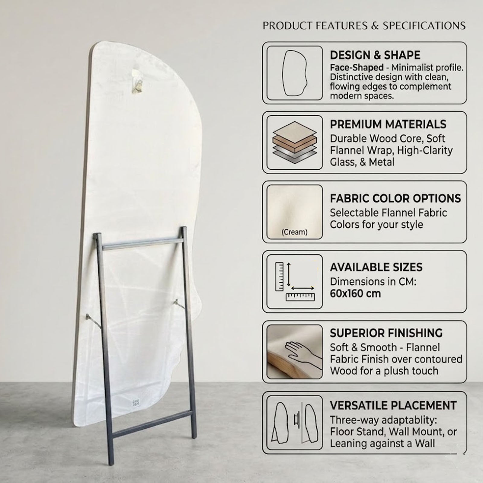 Decorhills Face Shaped Full Length Mirror – Modern Cream Flannel Fabric Wrapped Frame Standing & Wall-Mounted Mirror (160x60cm)