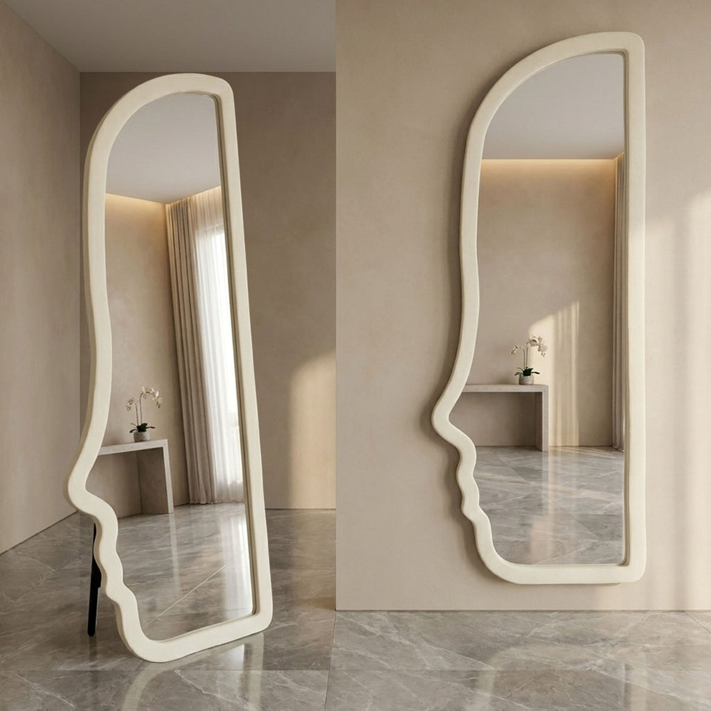Decorhills Face Shaped Full Length Mirror – Modern Cream Flannel Fabric Wrapped Frame Standing & Wall-Mounted Mirror (160x60cm)