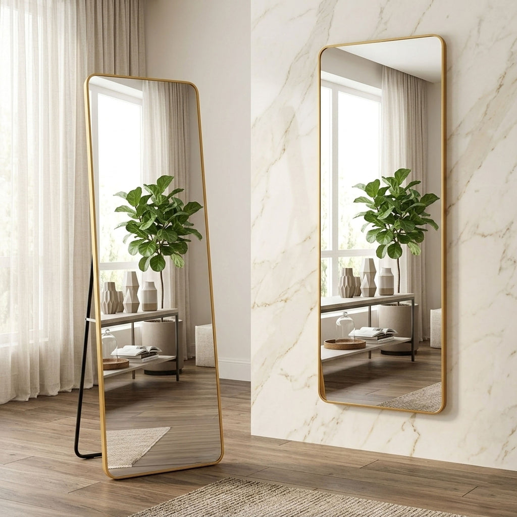 Decorhills Rectangular Full Length Mirror – Gold Aluminum Frame, Rounded Corners, Floor Standing or Wall Mounted