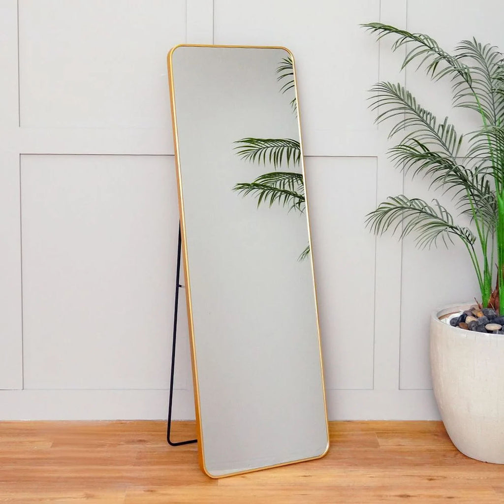 Decorhills Rectangular Full Length Mirror – Gold Aluminum Frame, Rounded Corners, Floor Standing or Wall Mounted