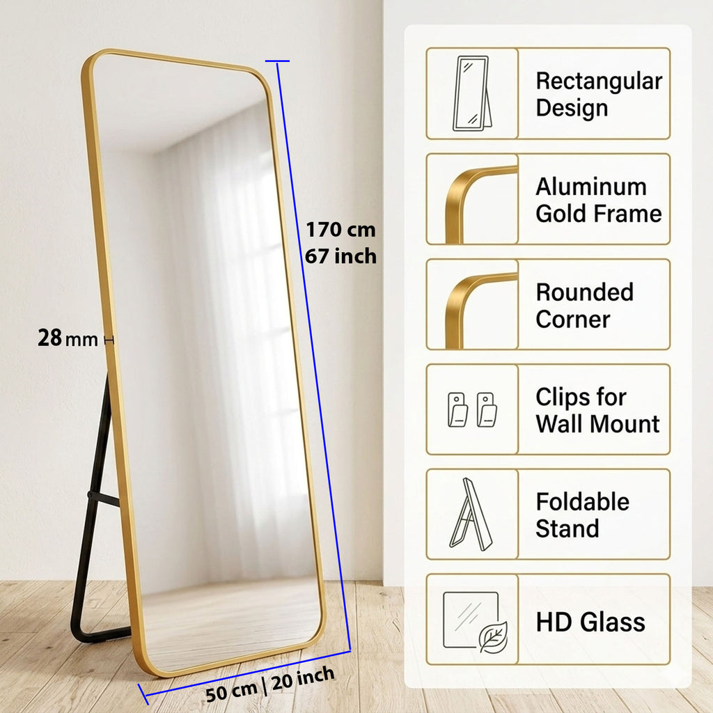 Decorhills Rectangular Full Length Mirror – Gold Aluminum Frame, Rounded Corners, Floor Standing or Wall Mounted