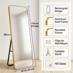 Decorhills Rectangular Full Length Mirror – Gold Aluminum Frame, Rounded Corners, Floor Standing or Wall Mounted
