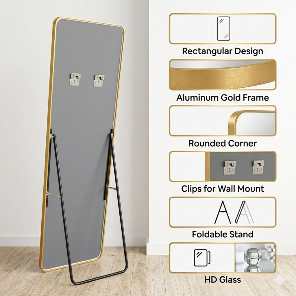 Decorhills Rectangular Full Length Mirror – Gold Aluminum Frame, Rounded Corners, Floor Standing or Wall Mounted