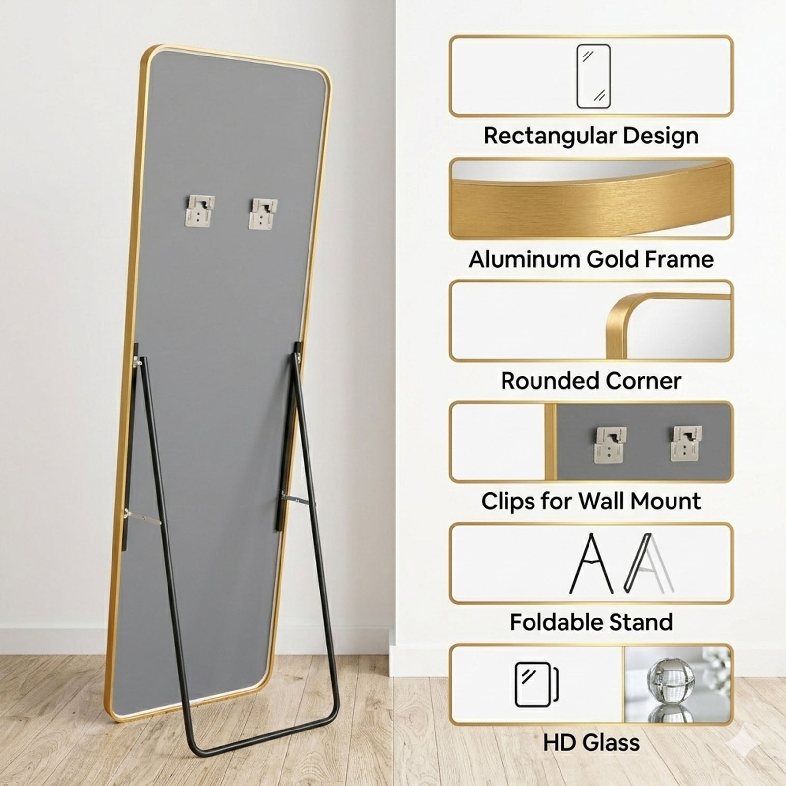 Decorhills Rectangular Full Length Mirror – Gold Aluminum Frame, Rounded Corners, Floor Standing or Wall Mounted