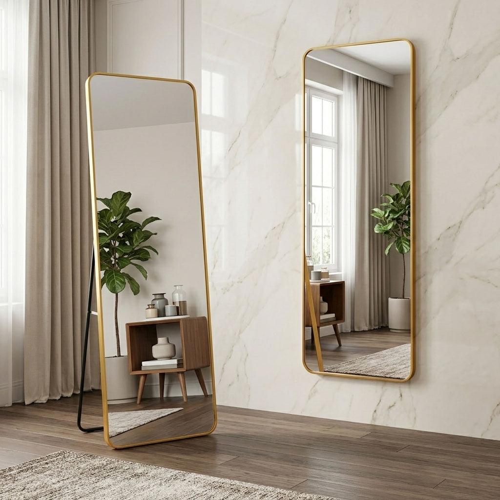 Decorhills Rectangular Full Length Mirror – Gold Aluminum Frame, Rounded Corners, Floor Standing or Wall Mounted