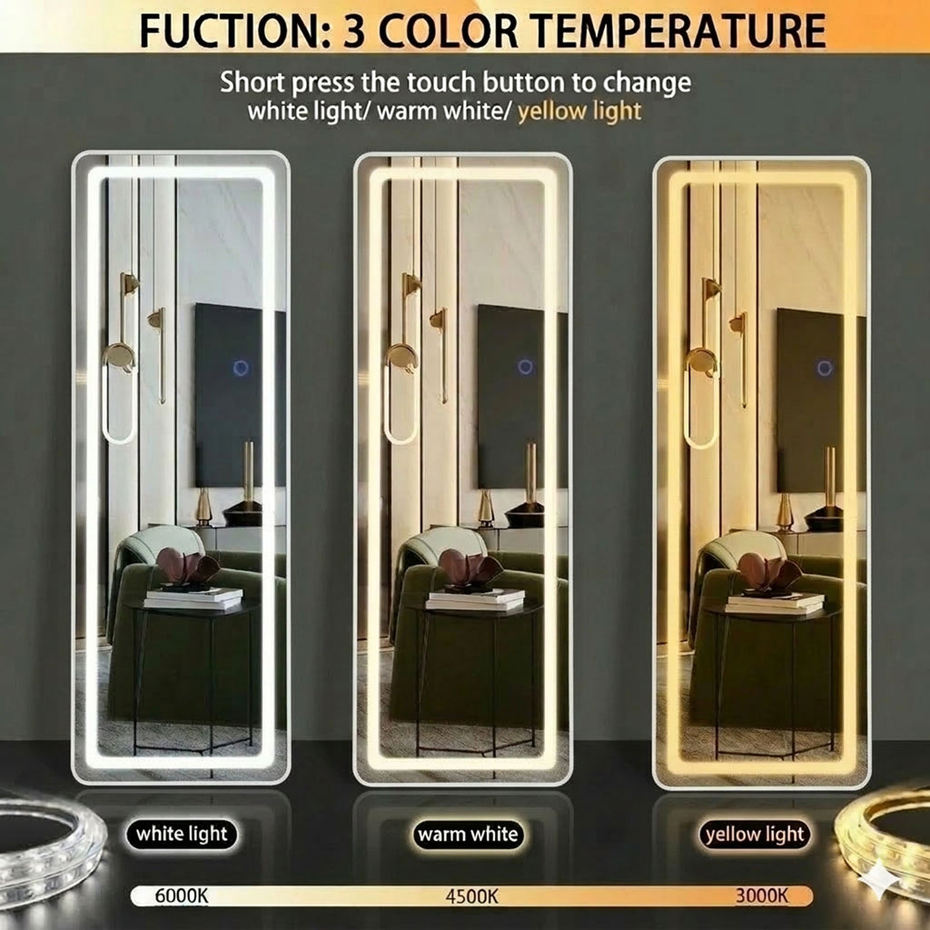 Decorhills LED Full Length Mirror – Aluminum Alloy Standing & Wall-Mounted Dressing Mirror with 3-Color Touch Control