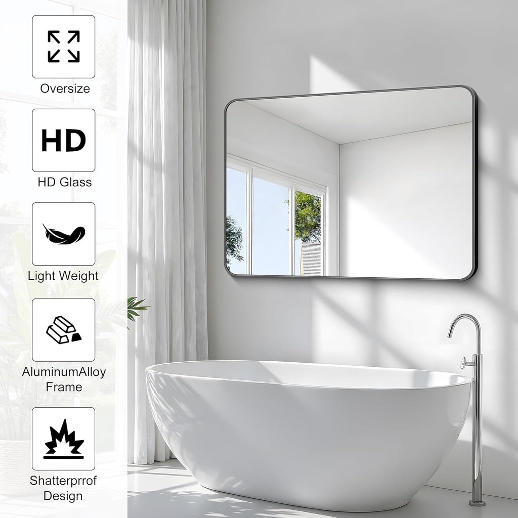 Decorhills Rectangular Wall Mirror 60×80 cm – Black Aluminum Frame | Horizontal & Vertical Hanging Bathroom Mirror
