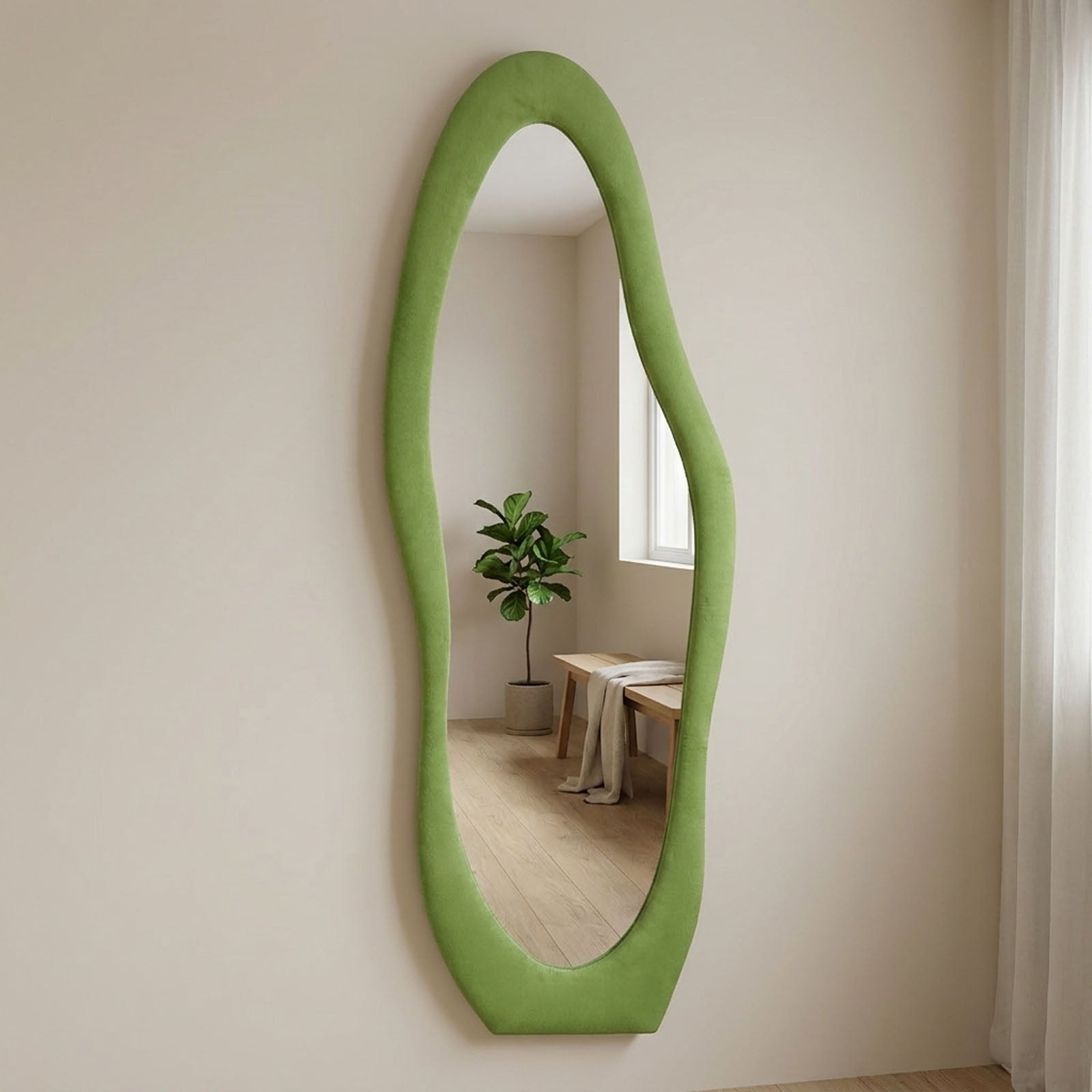 DECORHILLS Irregular Wavy Full Length Mirror – Velvet Fabric Flannel Frame | Standing & Wall Mounted