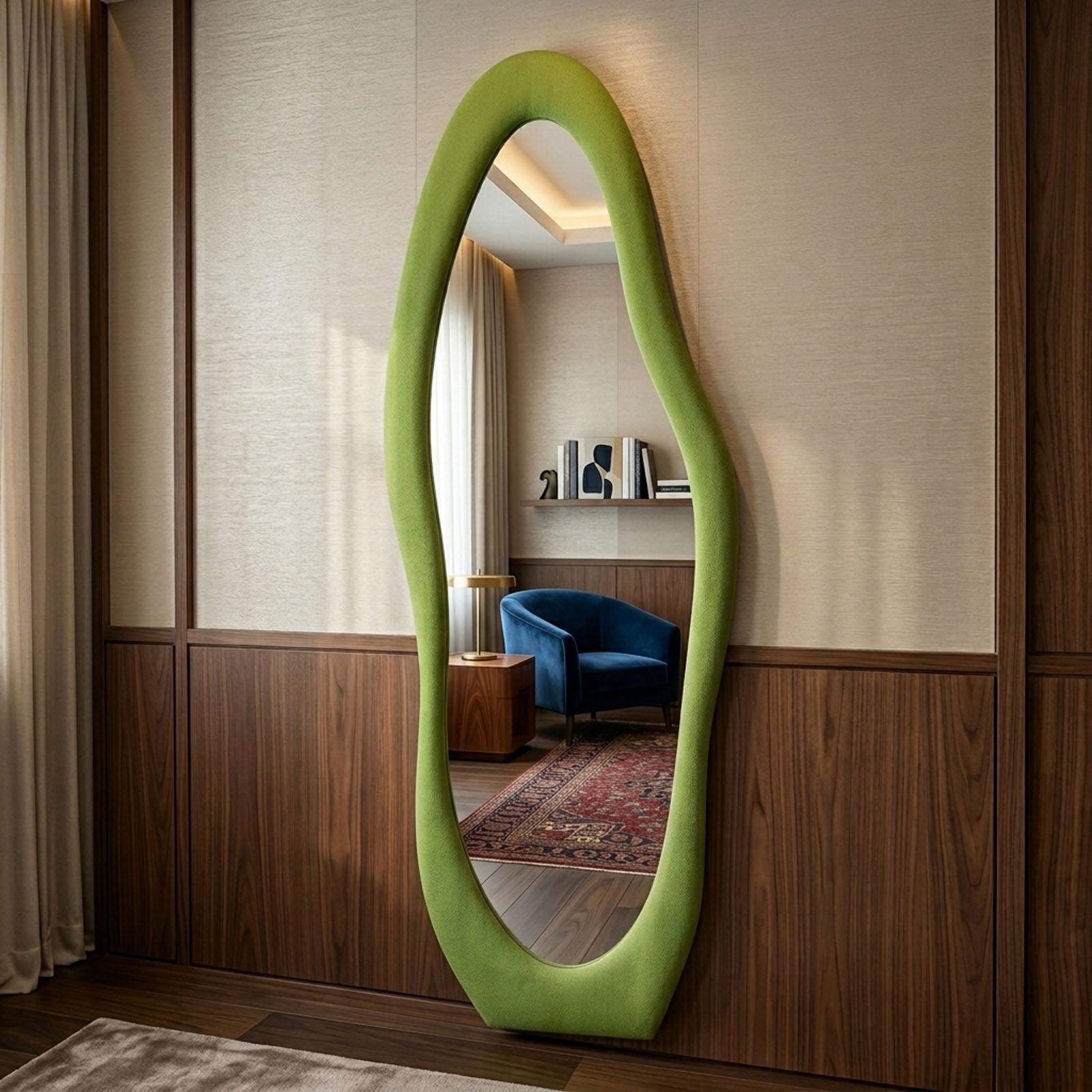 DECORHILLS Irregular Wavy Full Length Mirror – Velvet Fabric Flannel Frame | Standing & Wall Mounted