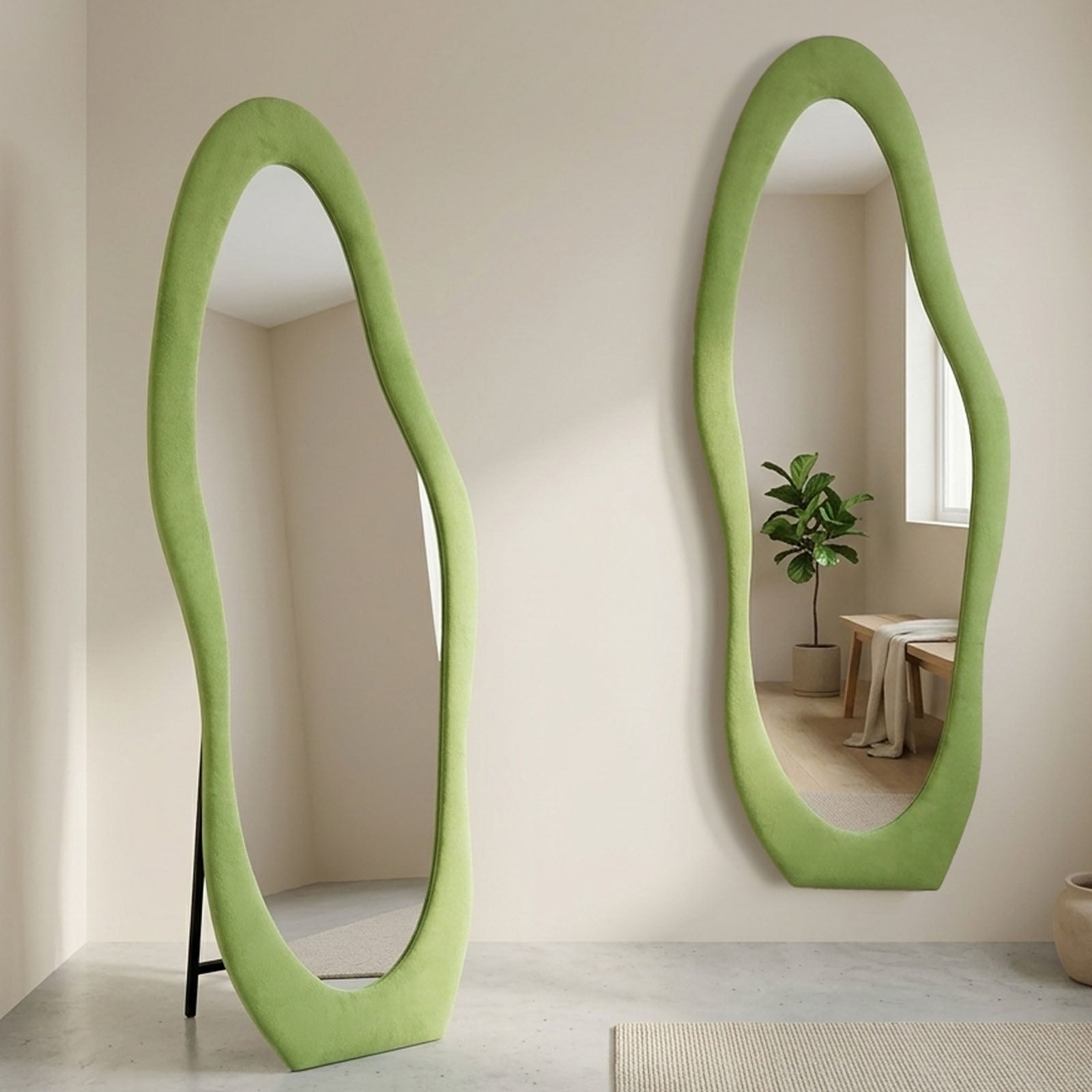 DECORHILLS Irregular Wavy Full Length Mirror – Velvet Fabric Flannel Frame | Standing & Wall Mounted