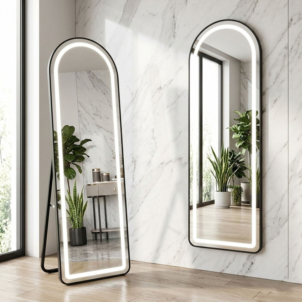 Decorhills Arched LED Full Length Mirror – Dimmable Touch Control, 3 Color Lighting, Aluminum Frame, Standing or Wall Mounted Floor Mirror