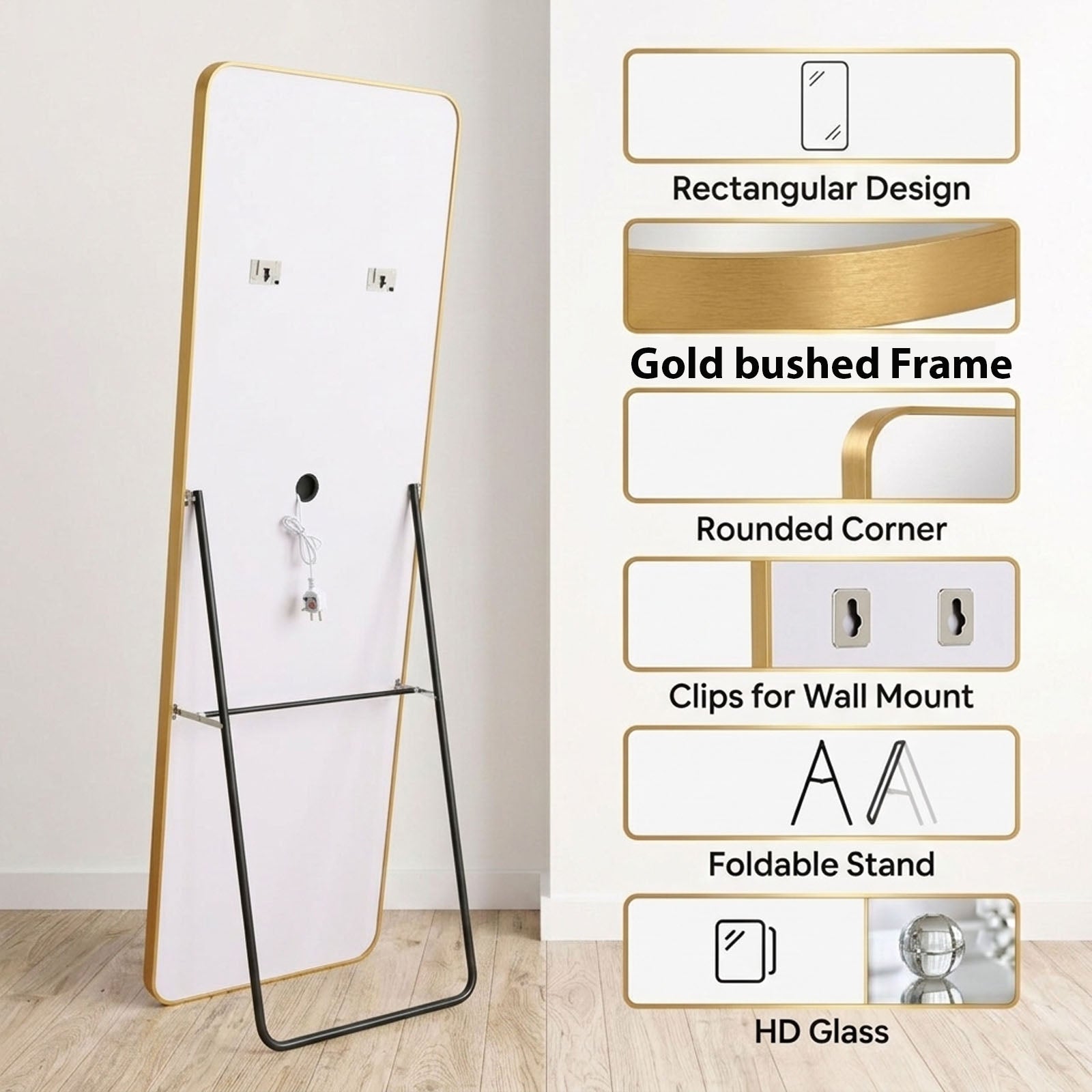 Decorhills LED Full Length Mirror – Aluminum Alloy Frame Floor Mirror with Touch Control, 3 Color Lighting, Standing or Wall Mounted Dressing Mirror