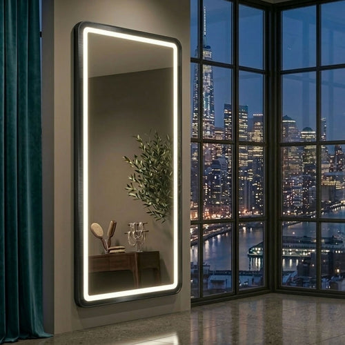 Decorhills LED Full Length Mirror – Aluminum Alloy Frame Floor Mirror with Touch Control, 3 Color Lighting, Standing or Wall Mounted Dressing Mirror